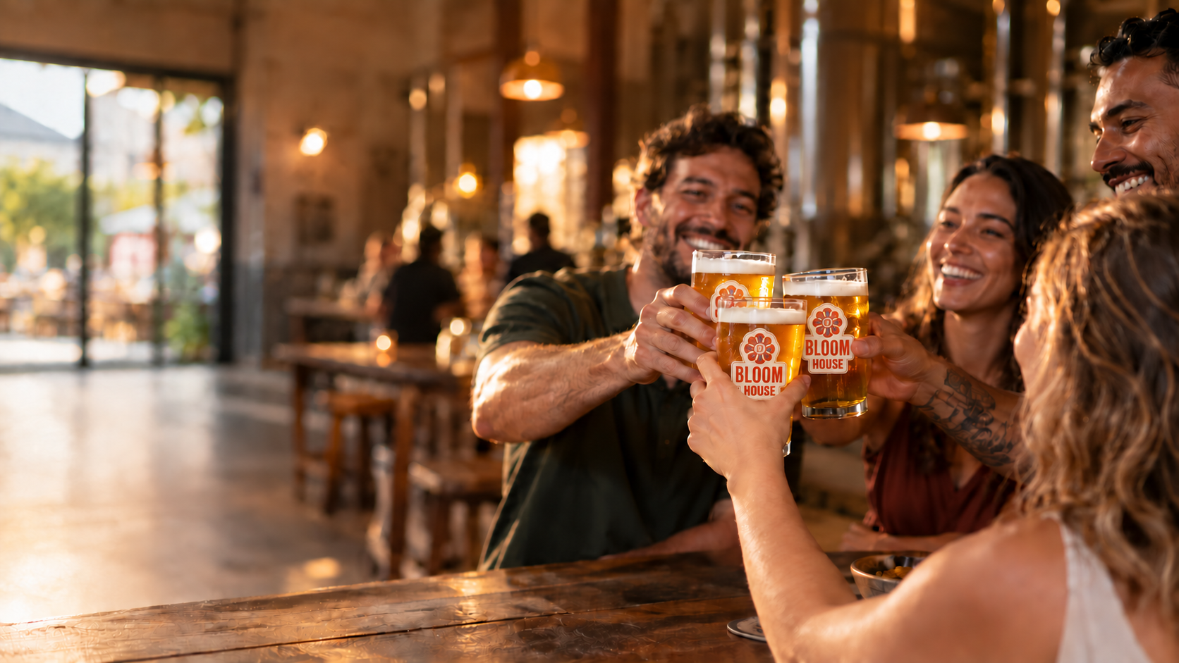 Pessoas brindando com chopp Bloom House